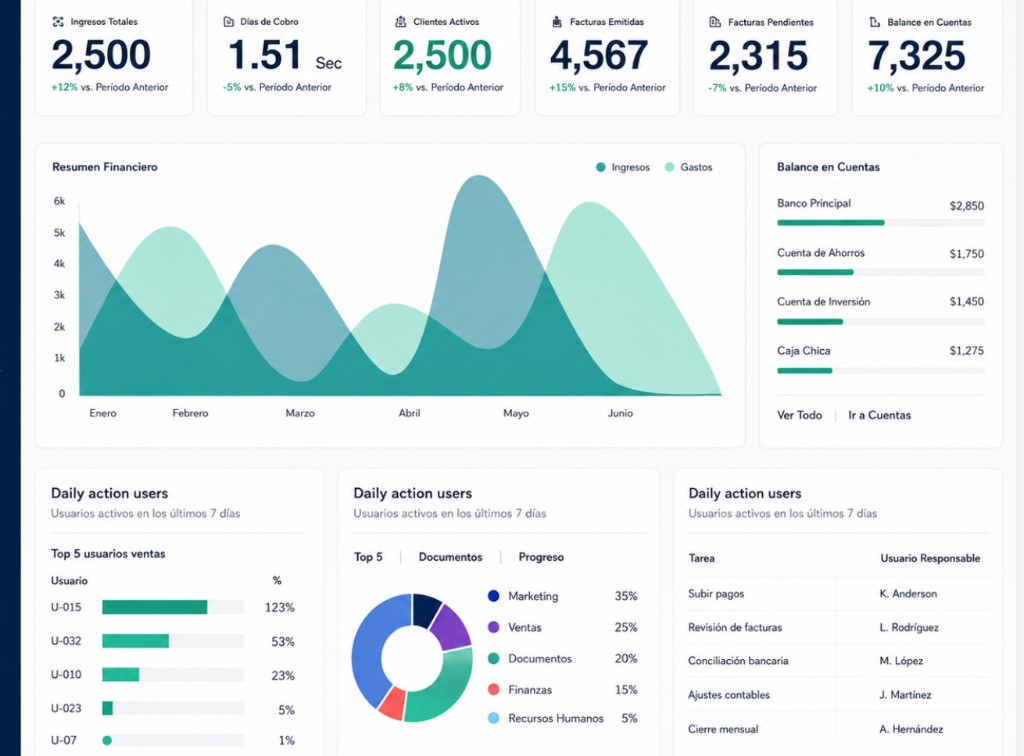 Business dashboard with KPI cards, financial summary charts, and operational reports