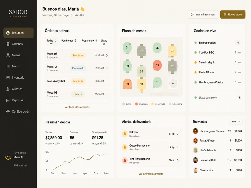 Sabor Cocina restaurant ERP dashboard with orders, table layout, kitchen queue, and daily sales summary