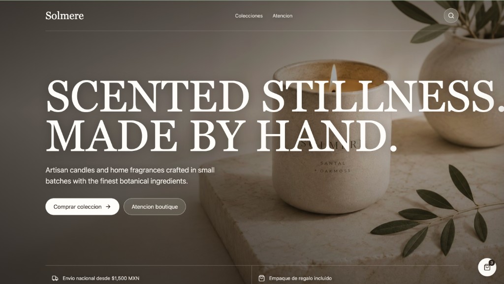 Solmere artisan candles ecommerce desktop hero, shown with permission